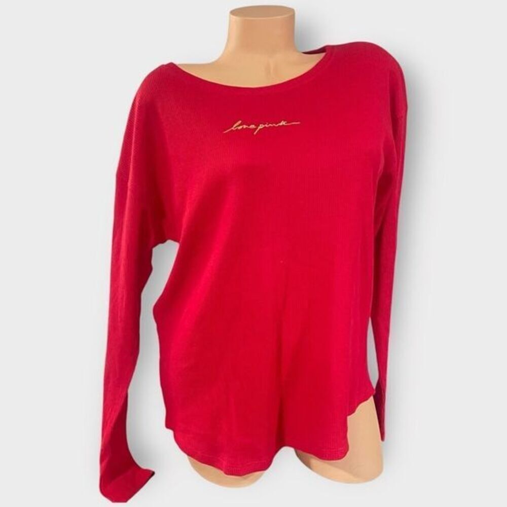 Victoria's Secret PINK Lg Women's Waffle Knit Top Red Embroidered Logo